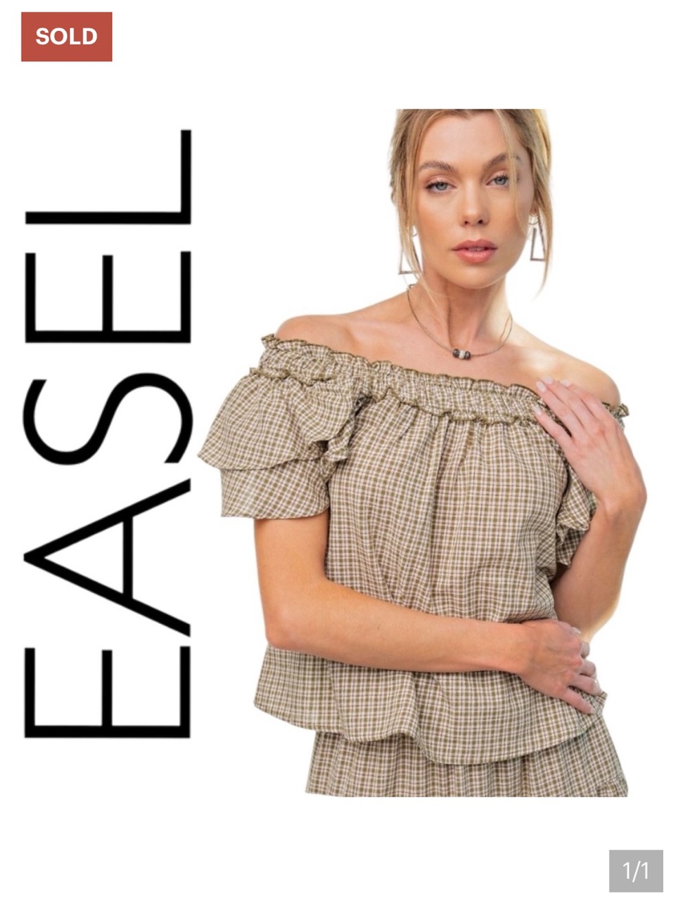 Easel Off-Shoulder Ruffle Plaid Top in Olive and Cream